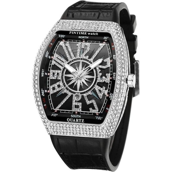 ✨ Fanmis Watches Men Black Skull Big Face Rectangle Punk Diamond Wrist Watch - Picture 1 of 6